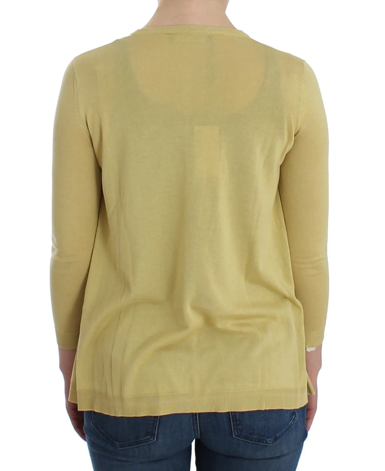 Yellow Silk Crystal Cardigan Sweater Crew Neck