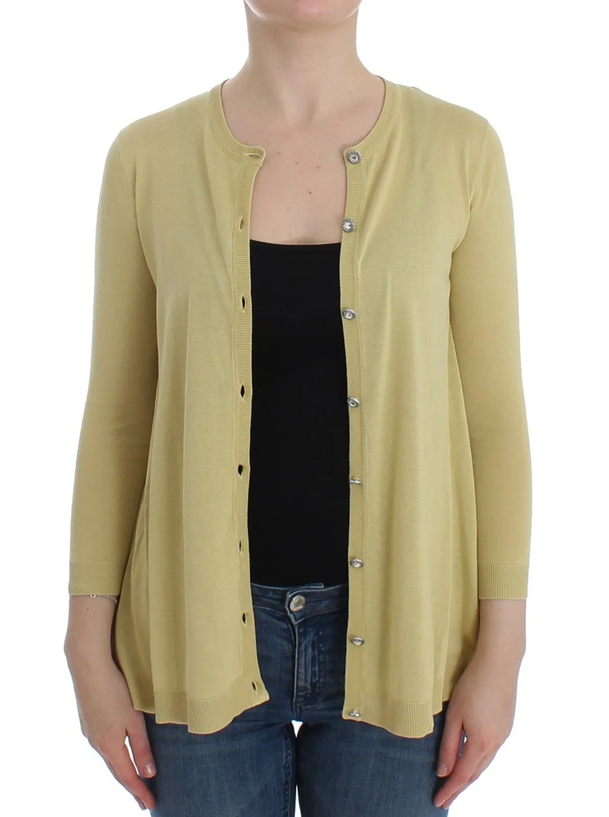 Yellow Silk Crystal Cardigan Sweater Crew Neck