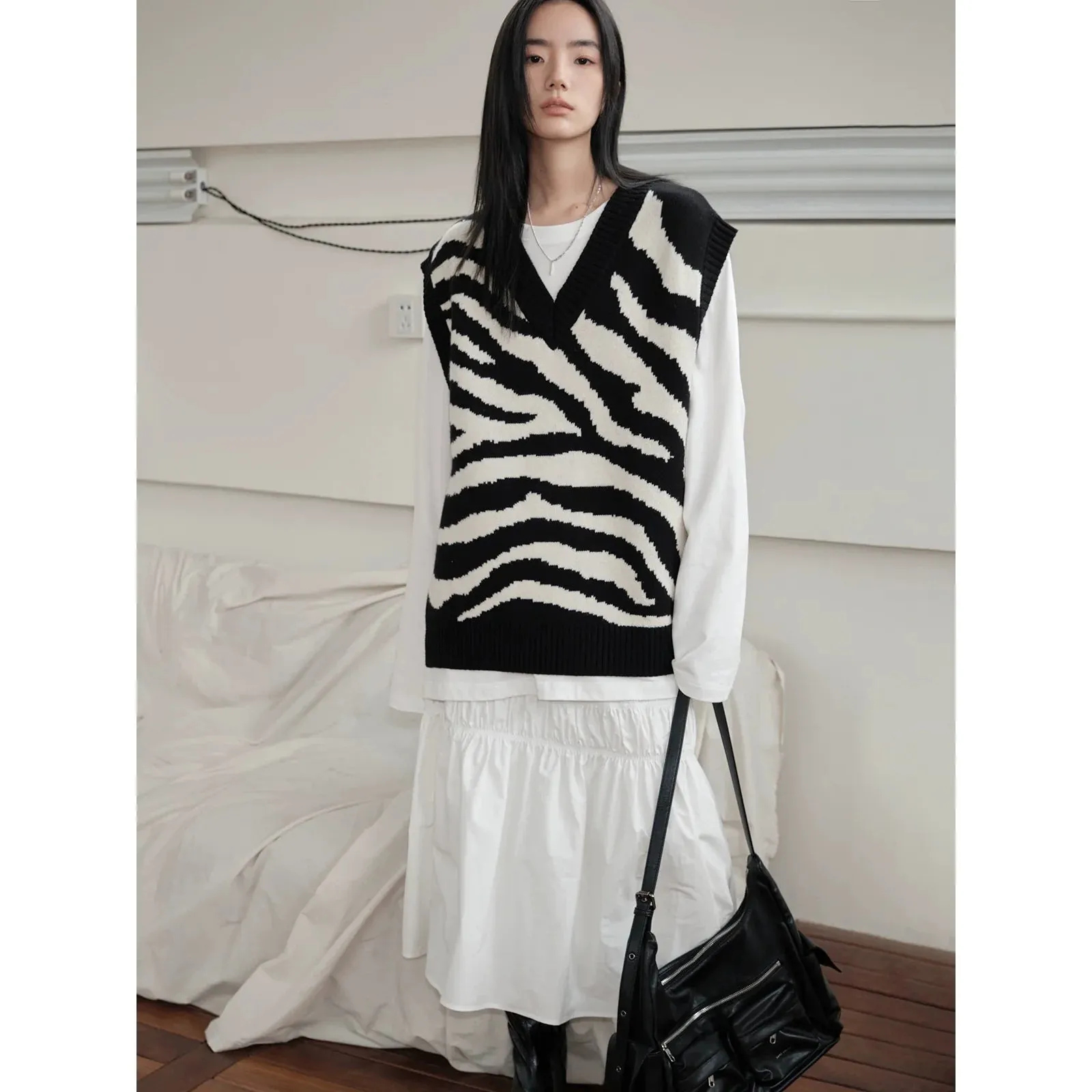 Zebra Patterned Knit Sweater Vest