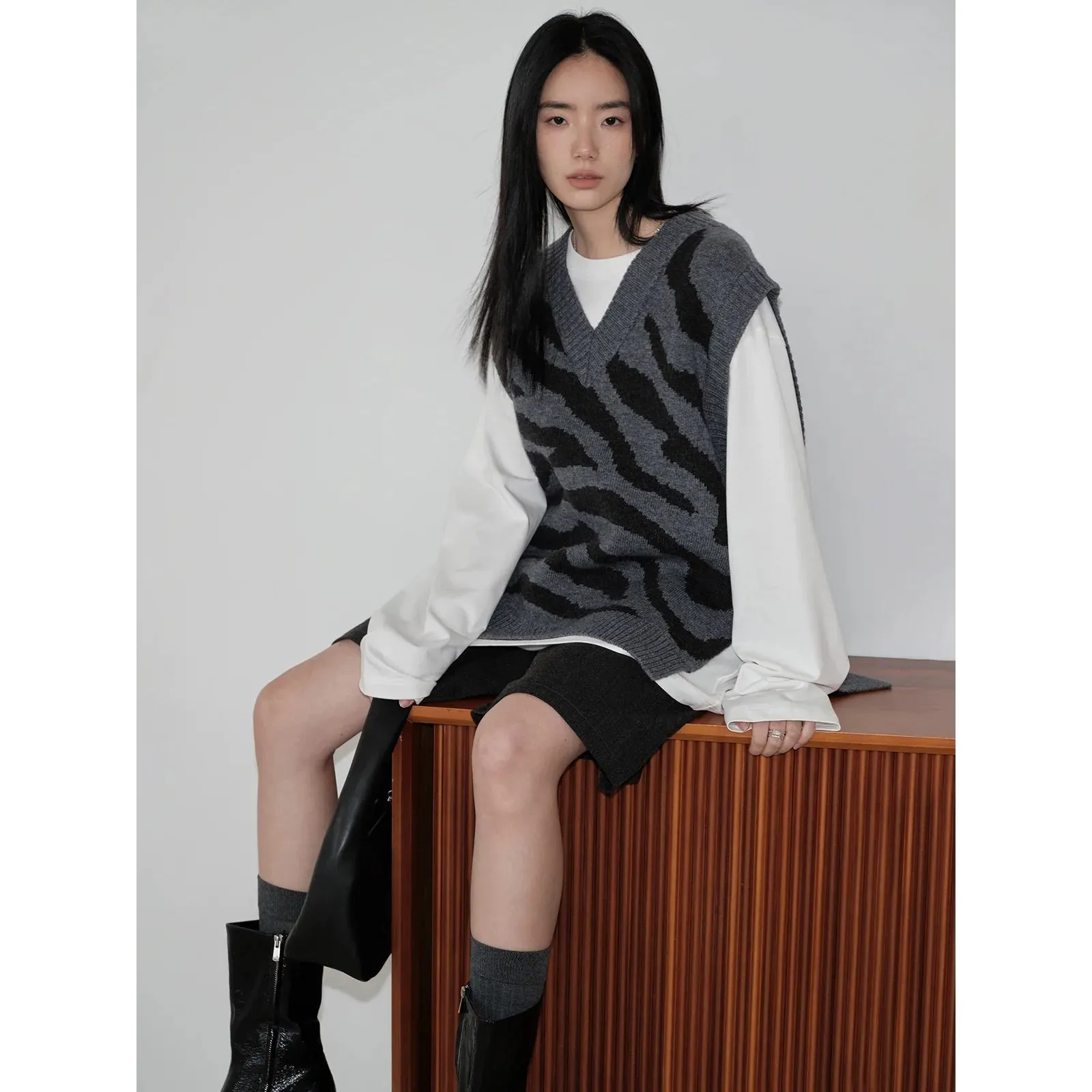 Zebra Patterned Knit Sweater Vest